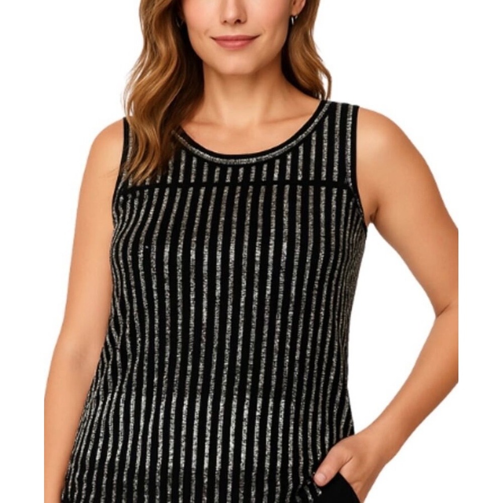 White House Black Market Black Silver Beaded Stripe Sleeveless Top Large